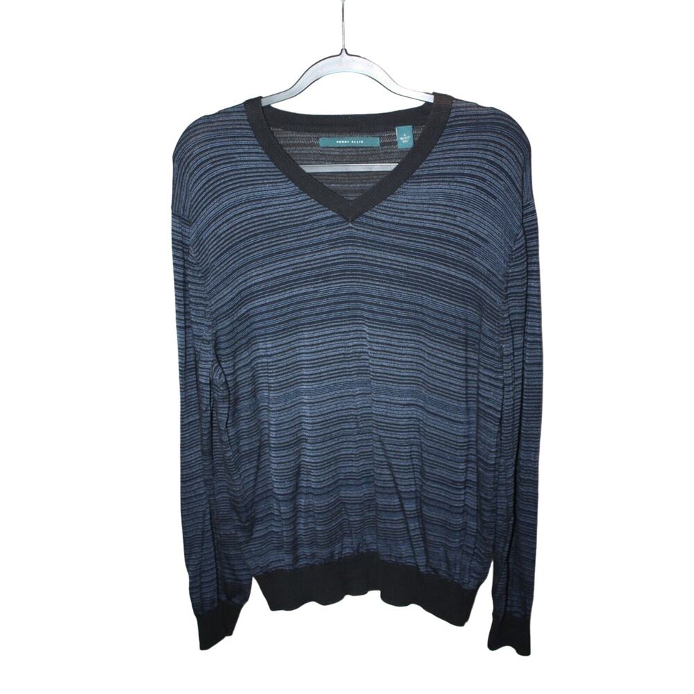 Perry Ellis Men's Large Pullover‎ Sweater Long Sleeve Stripped V-Neck Black Blue
